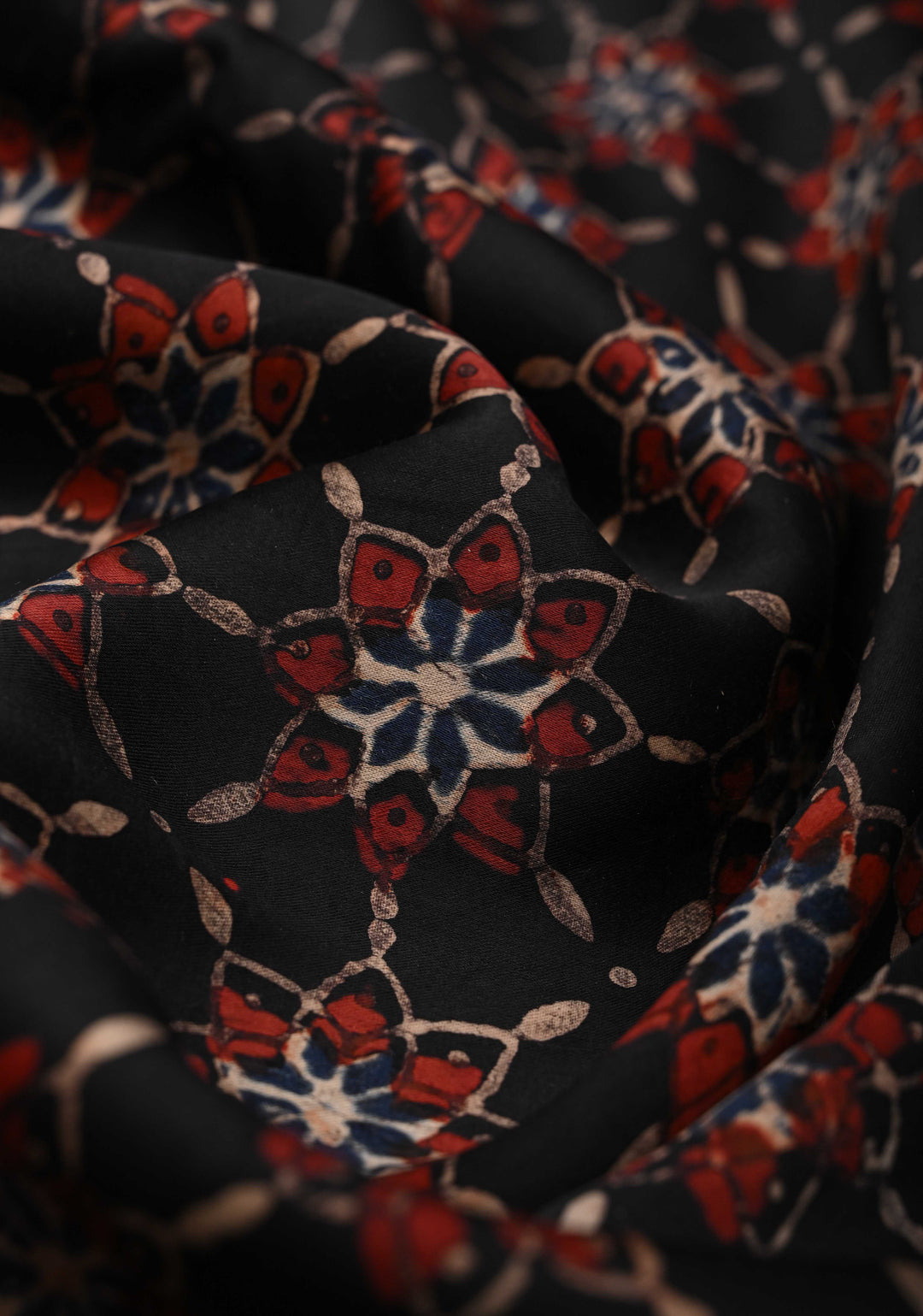 Black Ajrakh Modal Silk Saree with Floral Hand Block Print