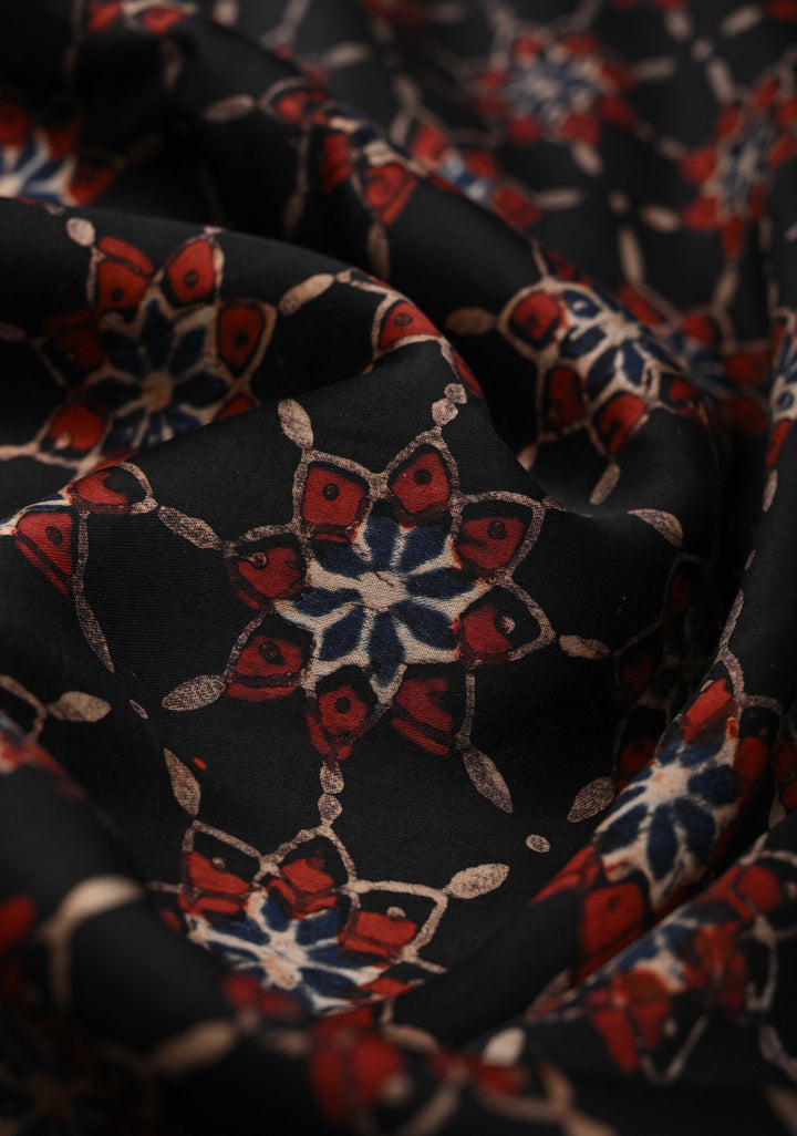 Black Ajrakh Modal Silk Saree with Floral Hand Block Print