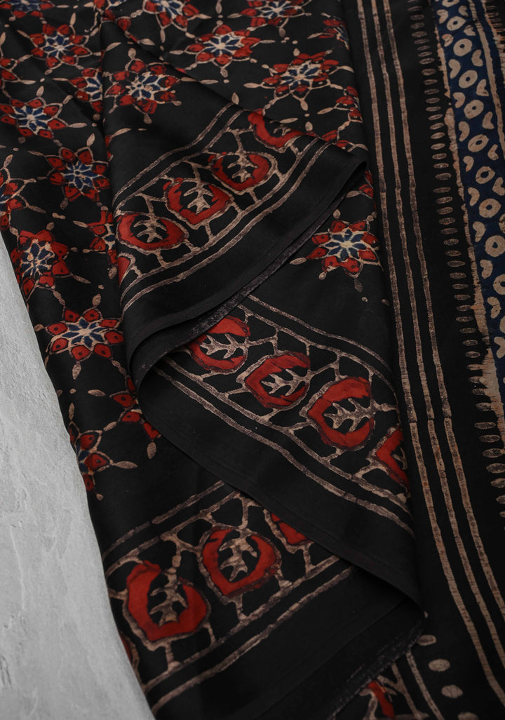 Black Ajrakh Modal Silk Saree with Floral Hand Block Print