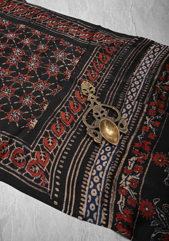 Black Ajrakh Modal Silk Saree with Floral Hand Block Print