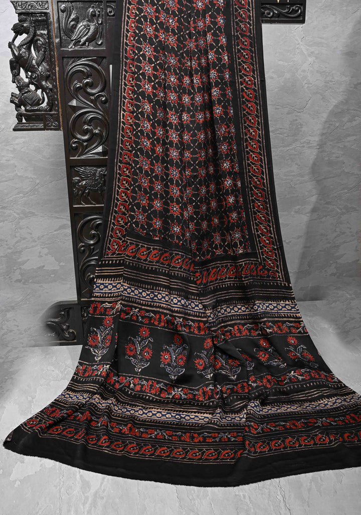 Black Ajrakh Modal Silk Saree with Floral Hand Block Print