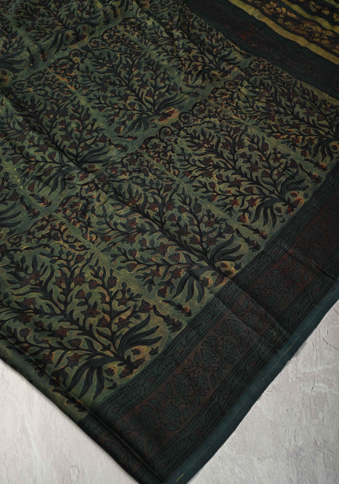 Green Vanaspati Hand Block Print on Modal Silk Saree