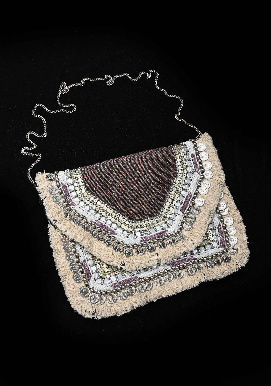 Brown Banjara Boho Sling Bag Geometric Embroidery with Coins Detailing and Tassels | Shobitam