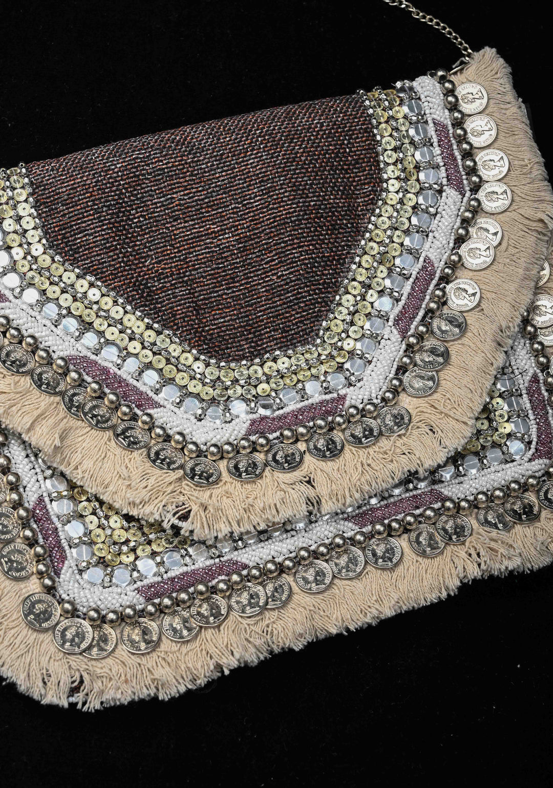 Brown Banjara Boho Sling Bag Geometric Embroidery with Coins Detailing and Tassels | Shobitam