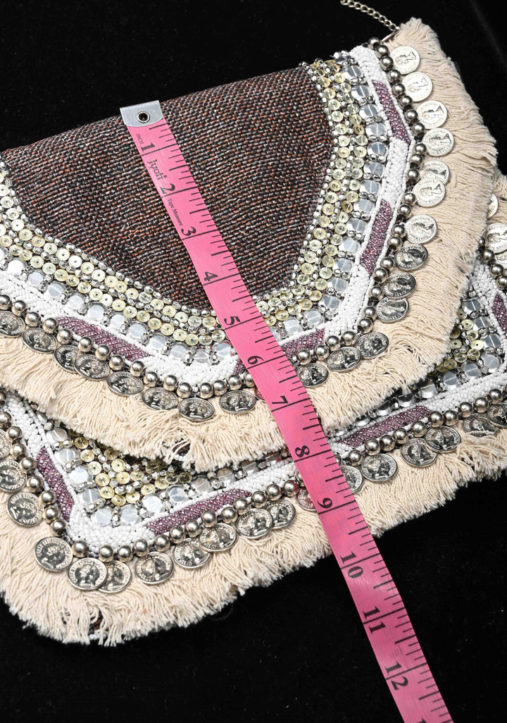 Brown Banjara Boho Sling Bag Geometric Embroidery with Coins Detailing and Tassels | Shobitam