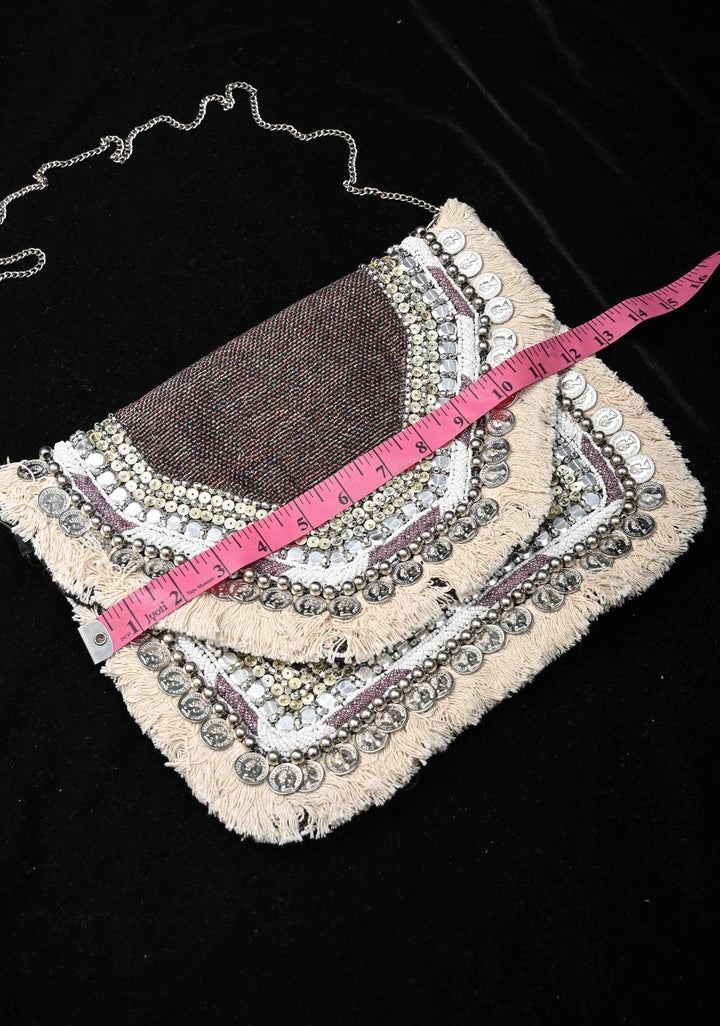 Brown Banjara Boho Sling Bag Geometric Embroidery with Coins Detailing and Tassels | Shobitam