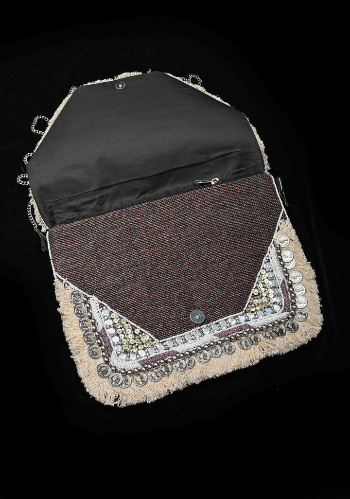 Brown Banjara Boho Sling Bag Geometric Embroidery with Coins Detailing and Tassels | Shobitam