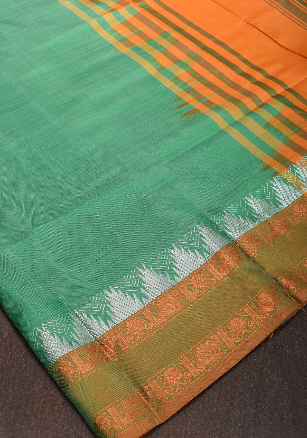 Vegan Silk Saree in Rama Green and Mustard Orange with Copper Zari Bor