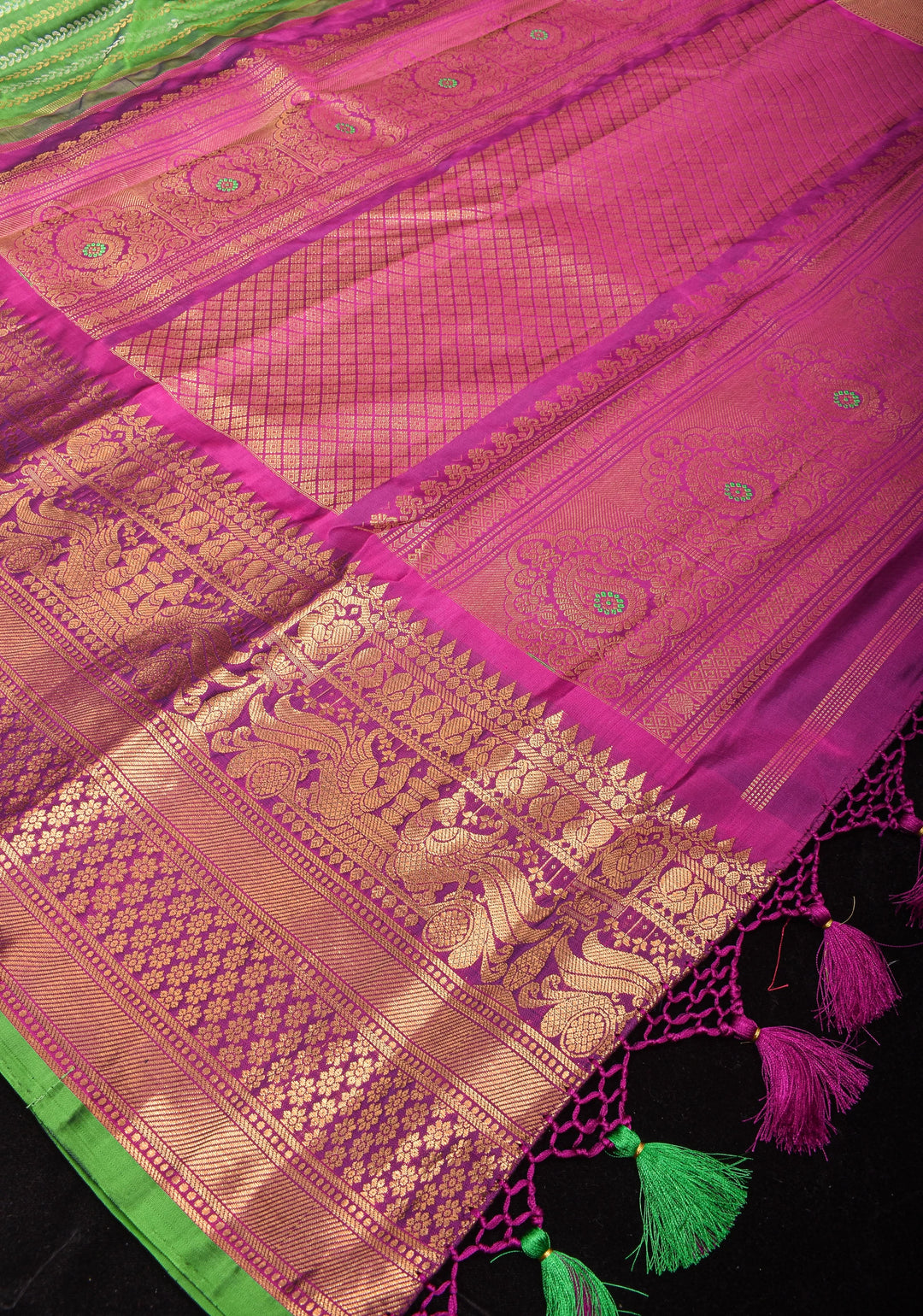 Pure Gadwal Silk Saree in Grass Green with Ornate Zari Stripes in two tone Zari with 12' zari border | SILK MARK CERTIFIED