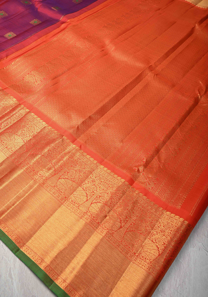Purple Dual tone Gadwal Pure Silk Saree with Meenakari Buttas and Contrast Zari Border | SILK MARK CERTIFIED