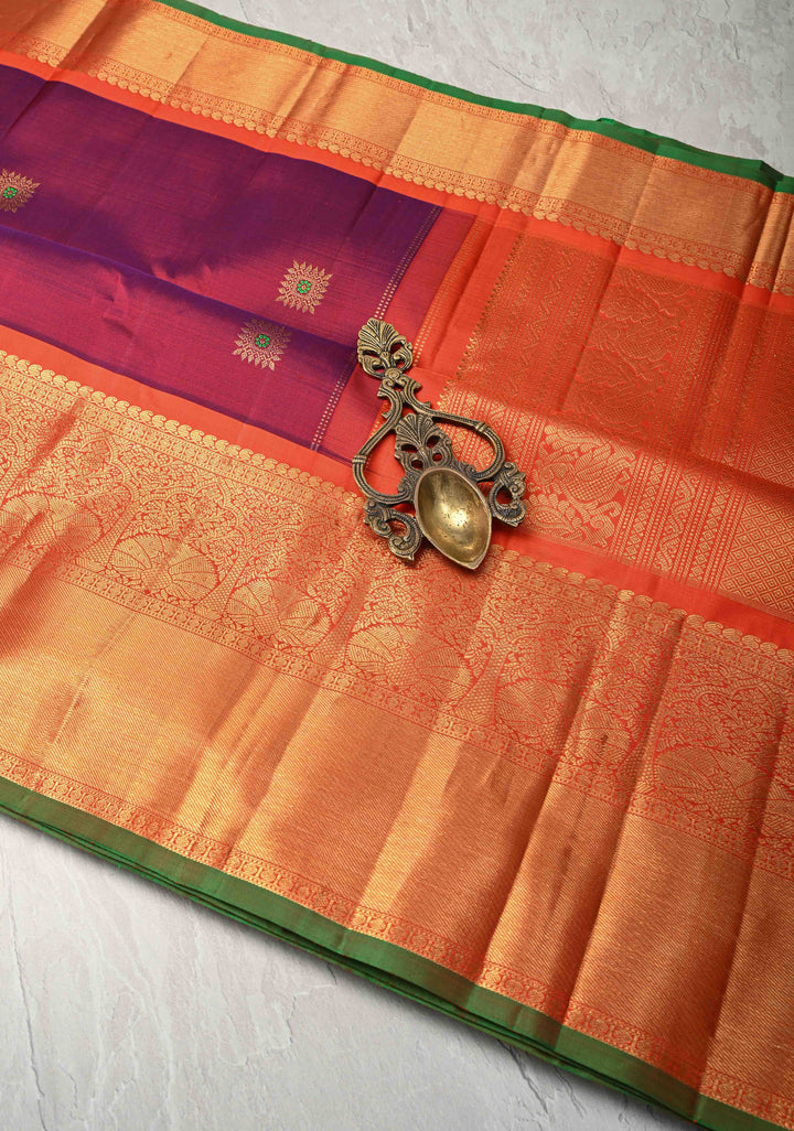 Purple Dual tone Gadwal Pure Silk Saree with Meenakari Buttas and Contrast Zari Border | SILK MARK CERTIFIED