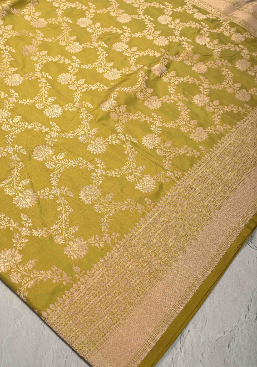 Olive Green jaal Banarasi Katan Silk Saree with Zari Border  | SILK MARK CERTIFIED