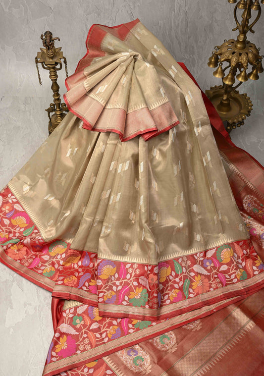 Pale lime green Pure Banarasi Tissue Organza Silk Saree with Sona Rupa Buttas and Meenakari Kadiyal Zari Border | SILK MARK CERTIFIED