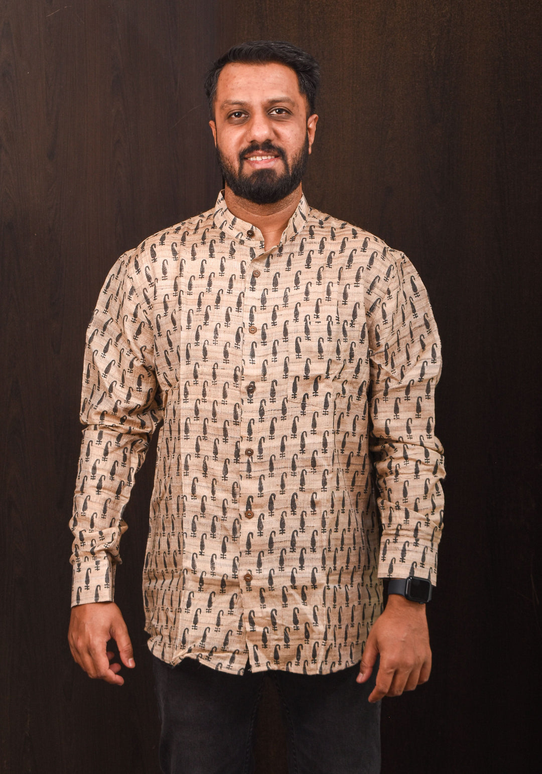 Pure Tussar Silk by Cotton Shirt in Natural Color with Mandarin Collar Full Sleeve Shirt