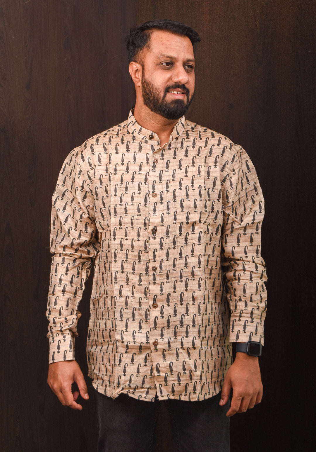 Pure Tussar Silk by Cotton Shirt in Natural Color with Mandarin Collar Full Sleeve Shirt
