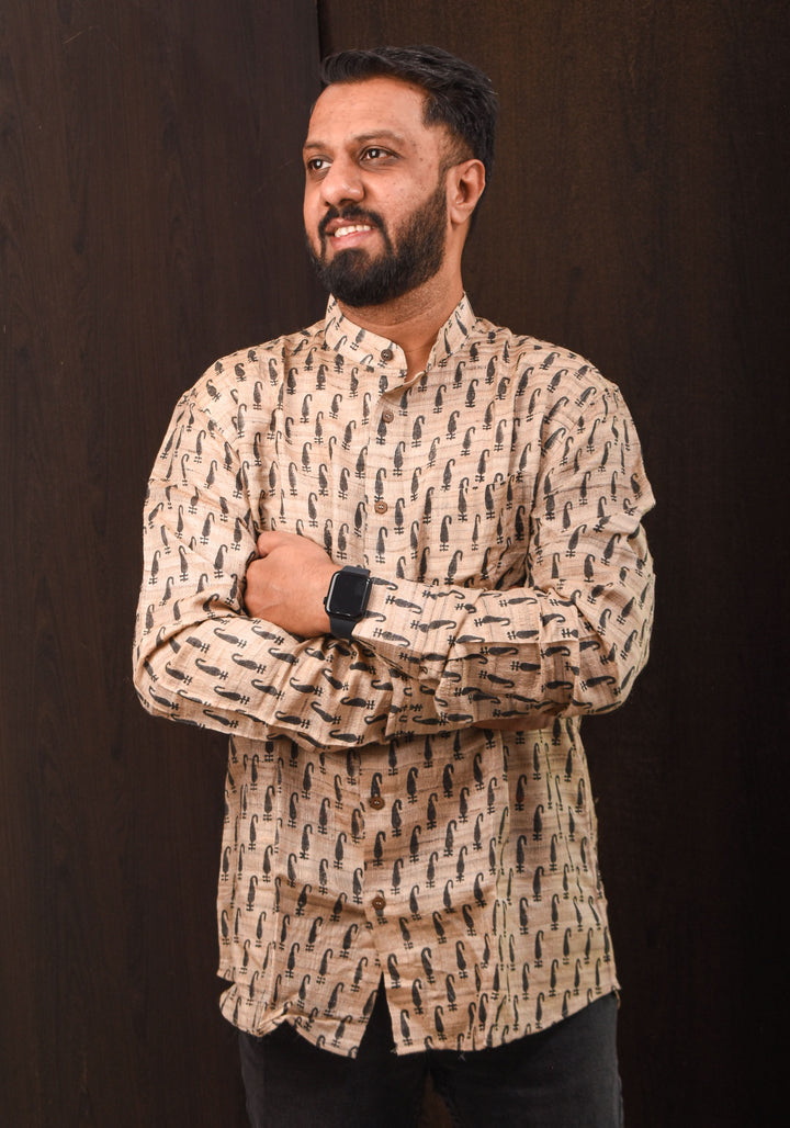 Pure Tussar Silk by Cotton Shirt in Natural Color with Mandarin Collar Full Sleeve Shirt