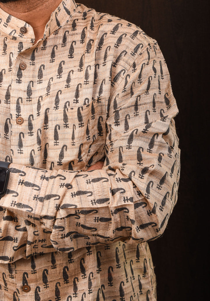 Pure Tussar Silk by Cotton Shirt in Natural Color with Mandarin Collar Full Sleeve Shirt