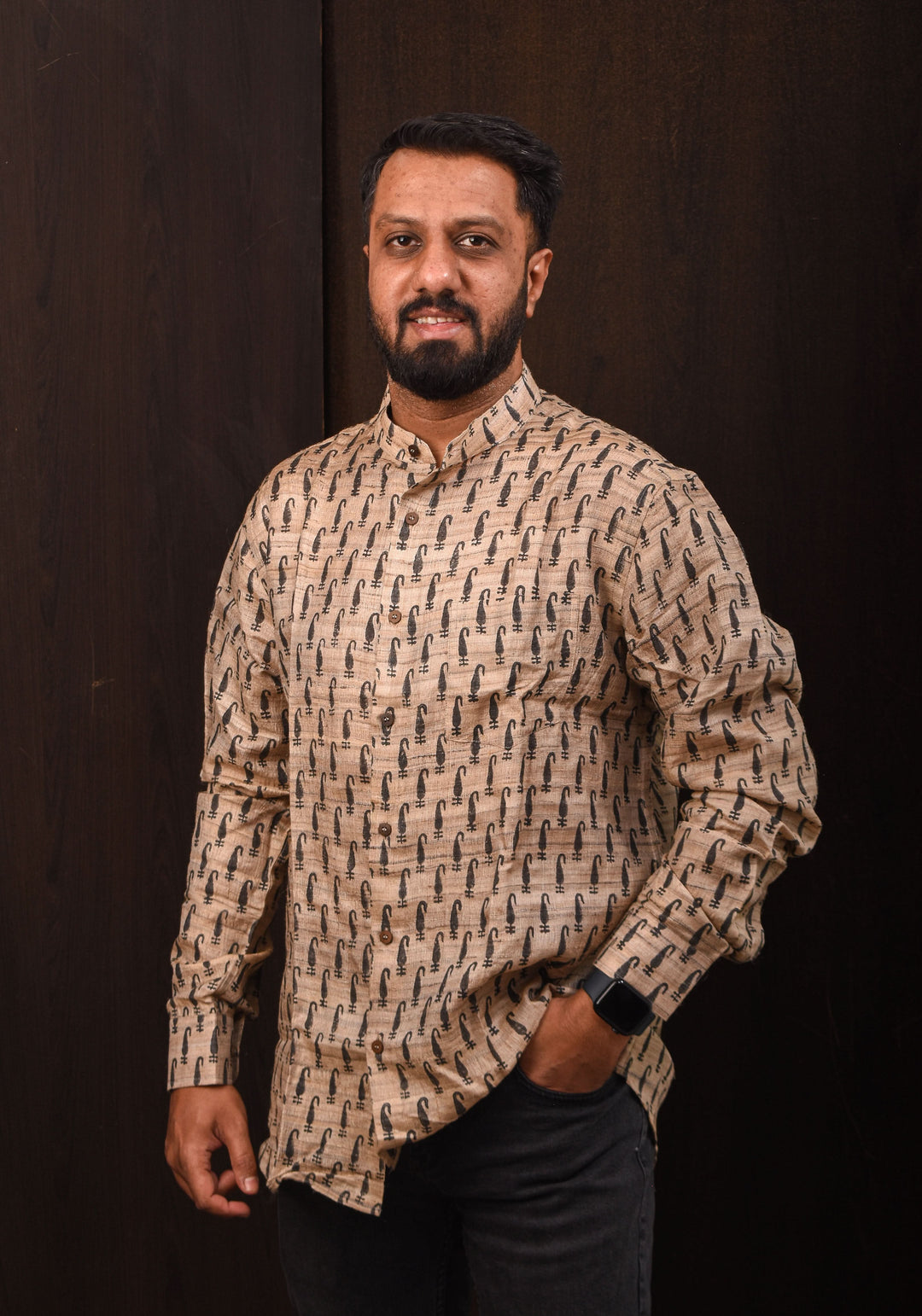 Pure Tussar Silk by Cotton Shirt in Natural Color with Mandarin Collar Full Sleeve Shirt