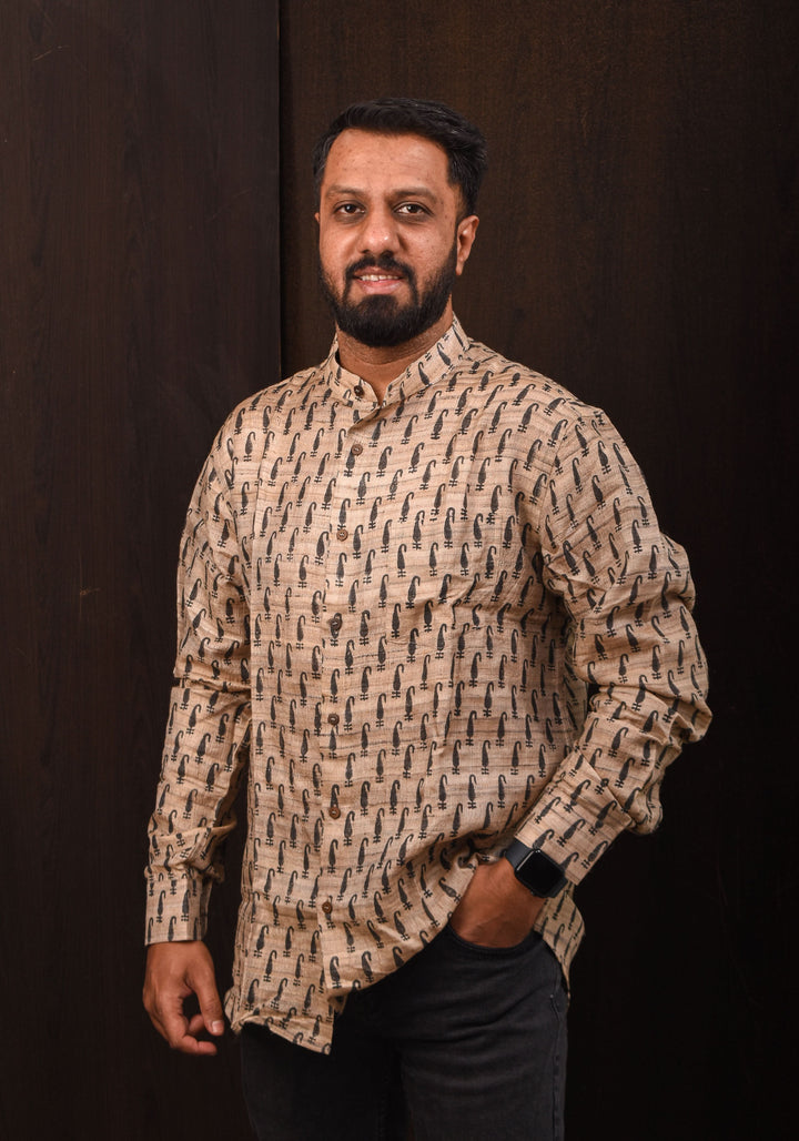 Pure Tussar Silk by Cotton Shirt in Natural Color with Mandarin Collar Full Sleeve Shirt