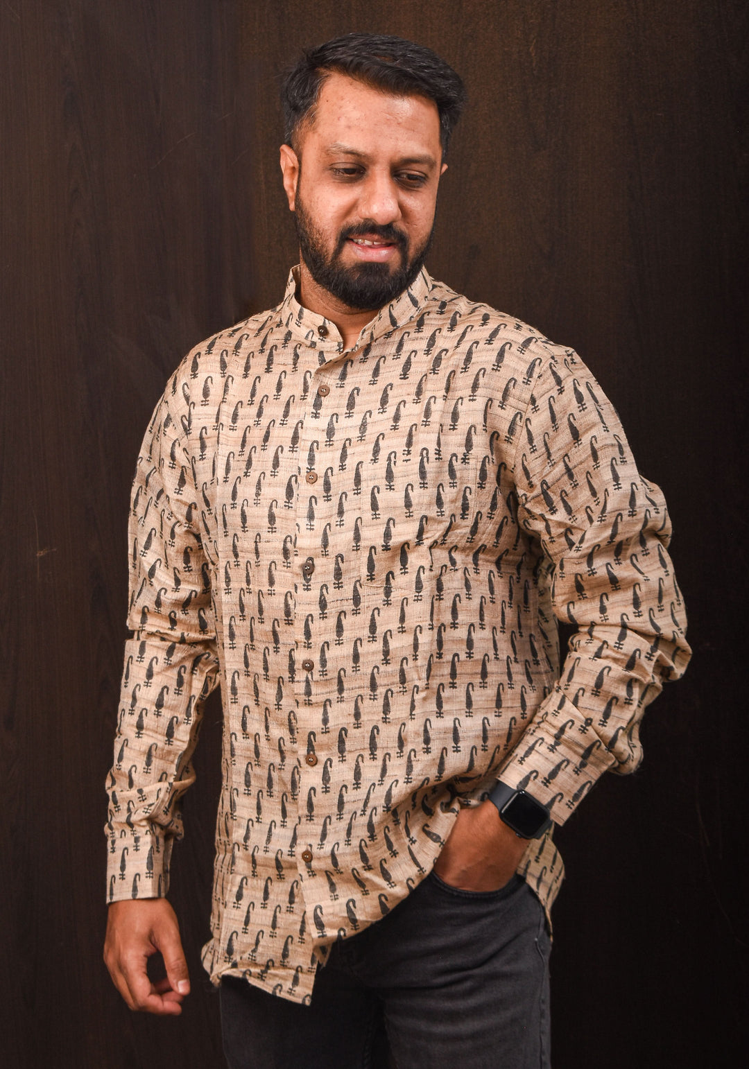 Pure Tussar Silk by Cotton Shirt in Natural Color with Mandarin Collar Full Sleeve Shirt