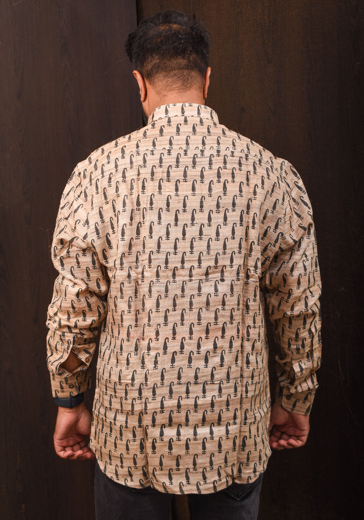 Pure Tussar Silk by Cotton Shirt in Natural Color with Mandarin Collar Full Sleeve Shirt