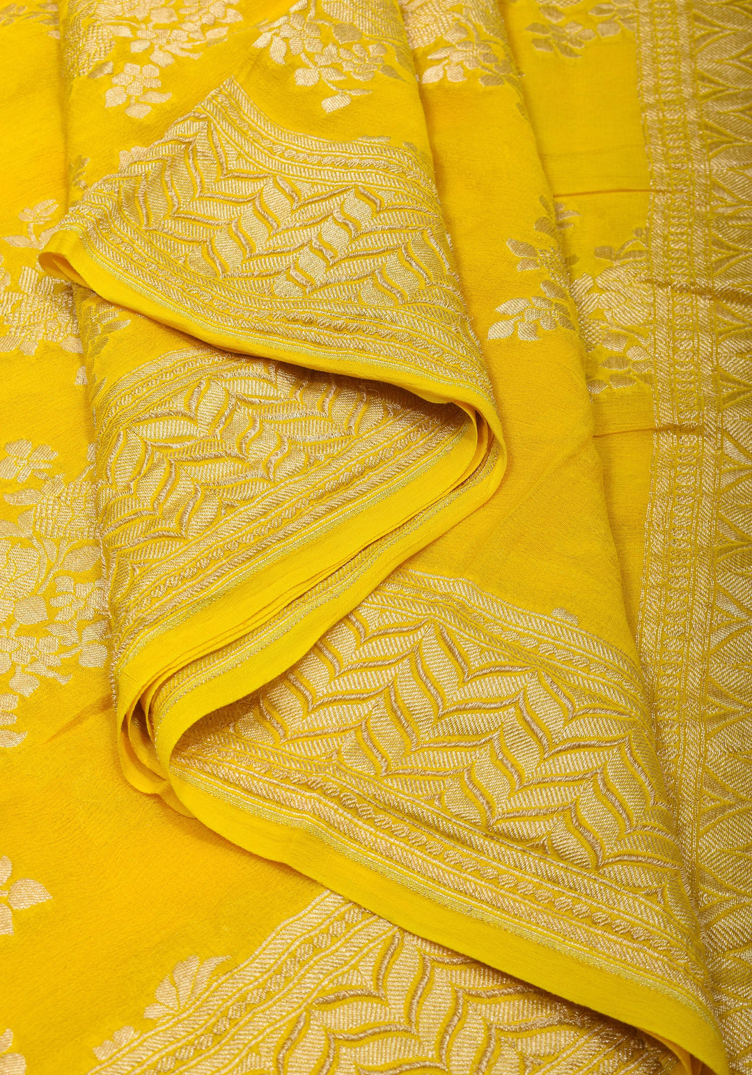 Pure Georgette Silk Banarasi Saree  in Yellow with Rose Jaal Weave in Silver Tone Zari | SILK MARK CERTIFIED