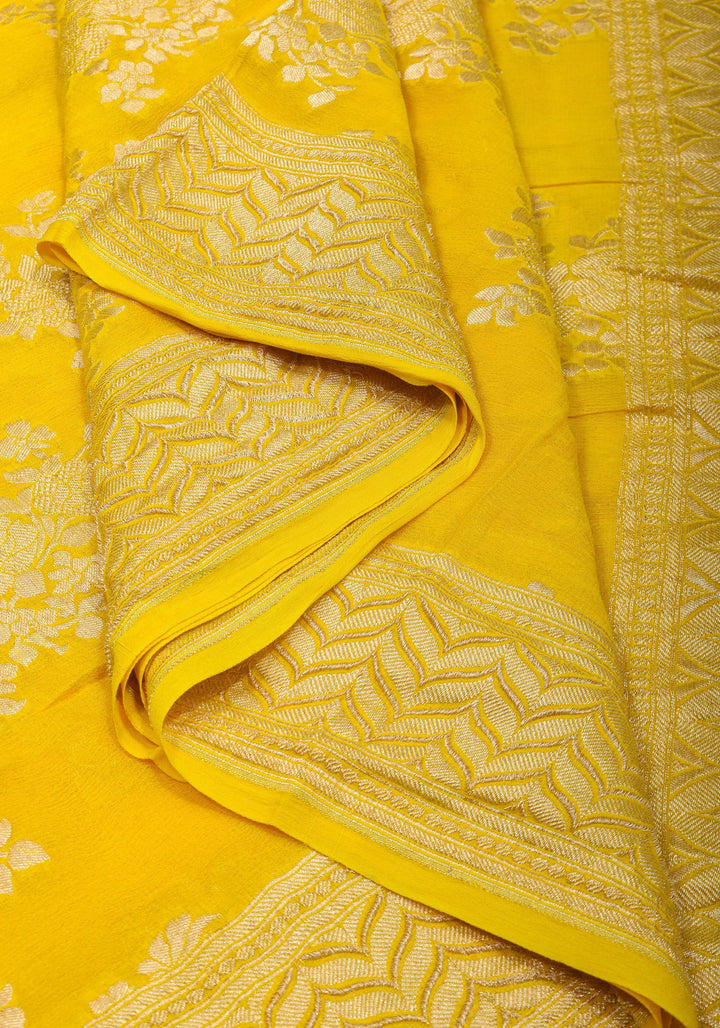 Pure Georgette Silk Banarasi Saree  in Yellow with Rose Jaal Weave in Silver Tone Zari | SILK MARK CERTIFIED
