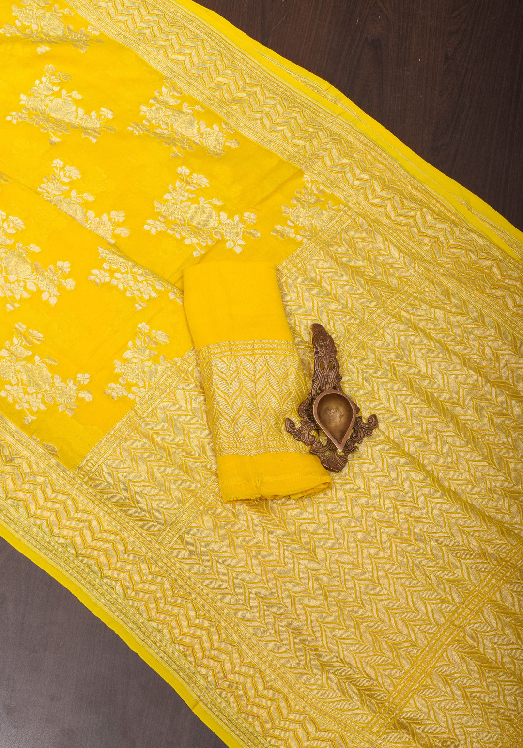 Pure Georgette Silk Banarasi Saree  in Yellow with Rose Jaal Weave in Silver Tone Zari | SILK MARK CERTIFIED