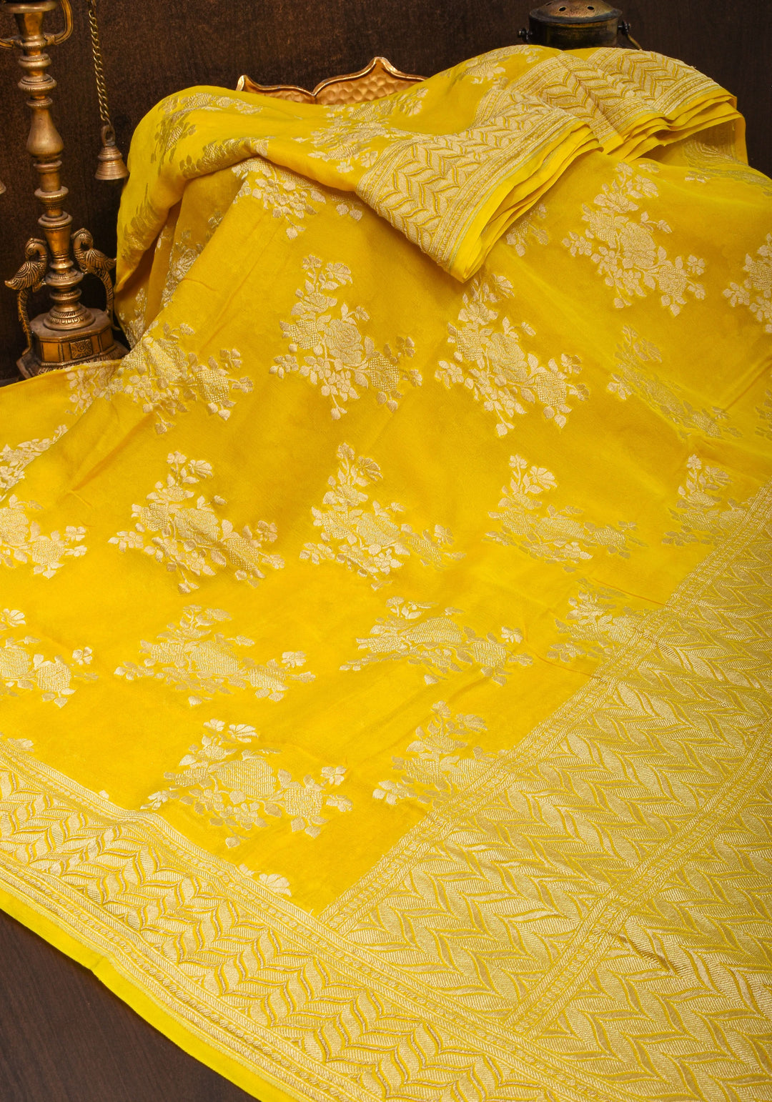 Pure Georgette Silk Banarasi Saree  in Yellow with Rose Jaal Weave in Silver Tone Zari | SILK MARK CERTIFIED