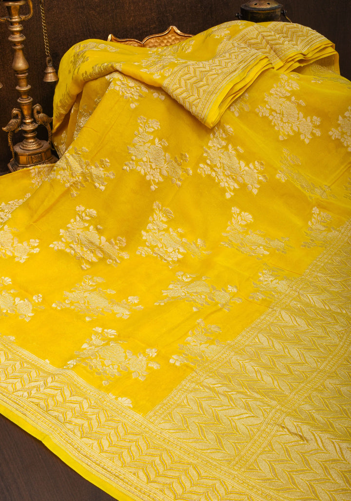 Pure Georgette Silk Banarasi Saree  in Yellow with Rose Jaal Weave in Silver Tone Zari | SILK MARK CERTIFIED