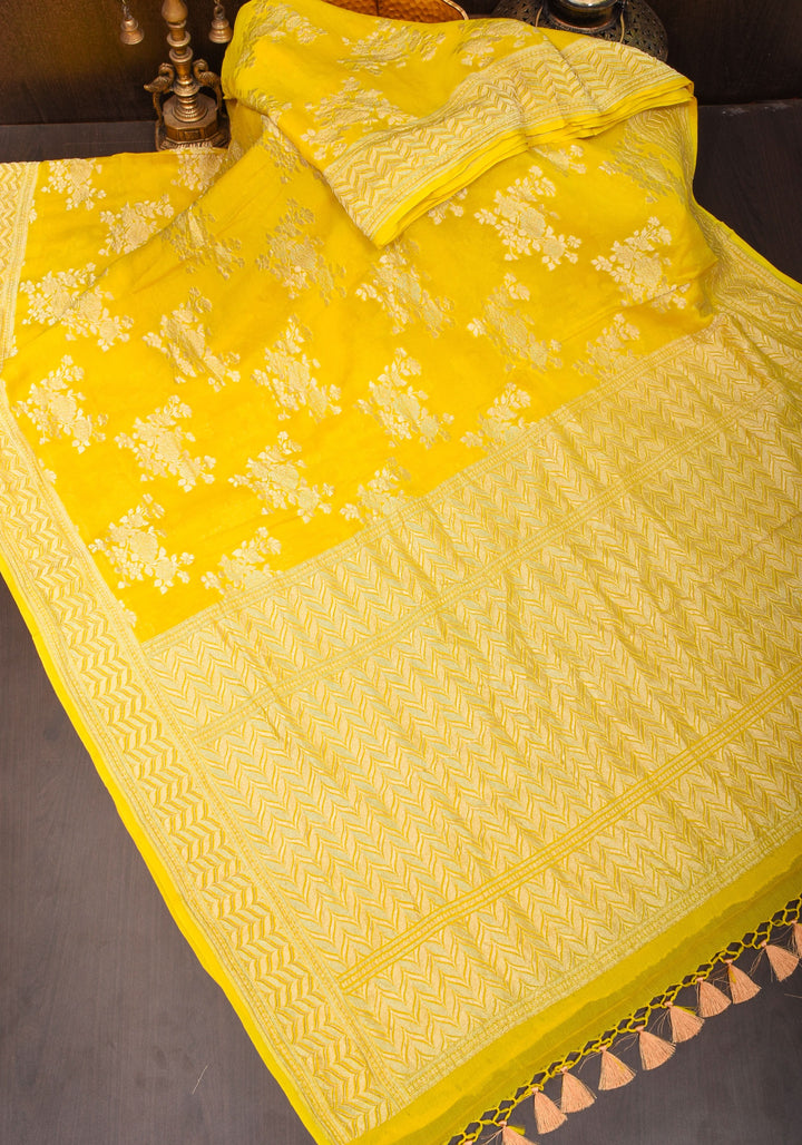 Pure Georgette Silk Banarasi Saree  in Yellow with Rose Jaal Weave in Silver Tone Zari | SILK MARK CERTIFIED
