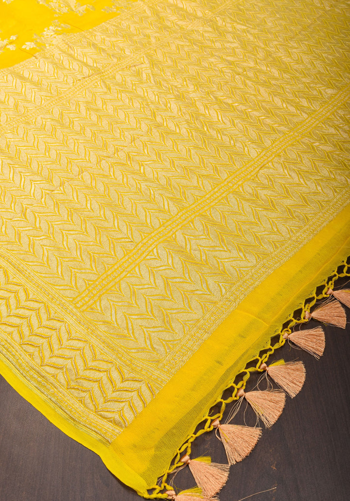 Pure Georgette Silk Banarasi Saree  in Yellow with Rose Jaal Weave in Silver Tone Zari | SILK MARK CERTIFIED