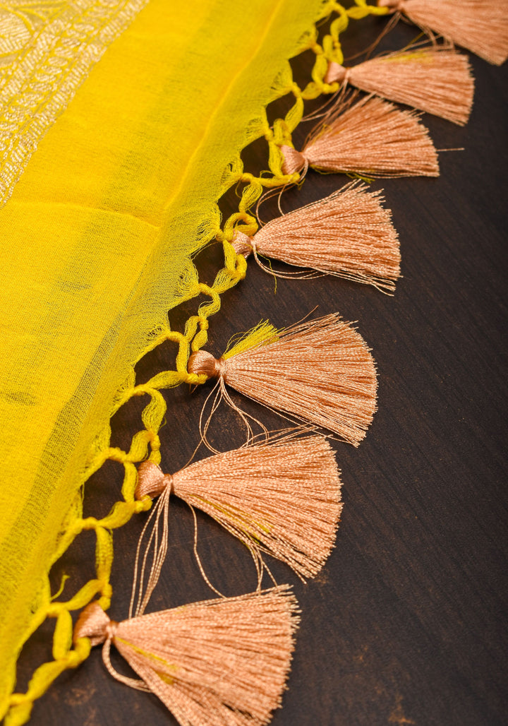 Pure Georgette Silk Banarasi Saree  in Yellow with Rose Jaal Weave in Silver Tone Zari | SILK MARK CERTIFIED
