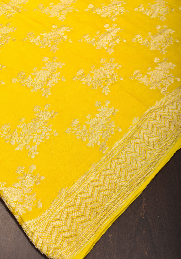 Pure Georgette Silk Banarasi Saree  in Yellow with Rose Jaal Weave in Silver Tone Zari | SILK MARK CERTIFIED