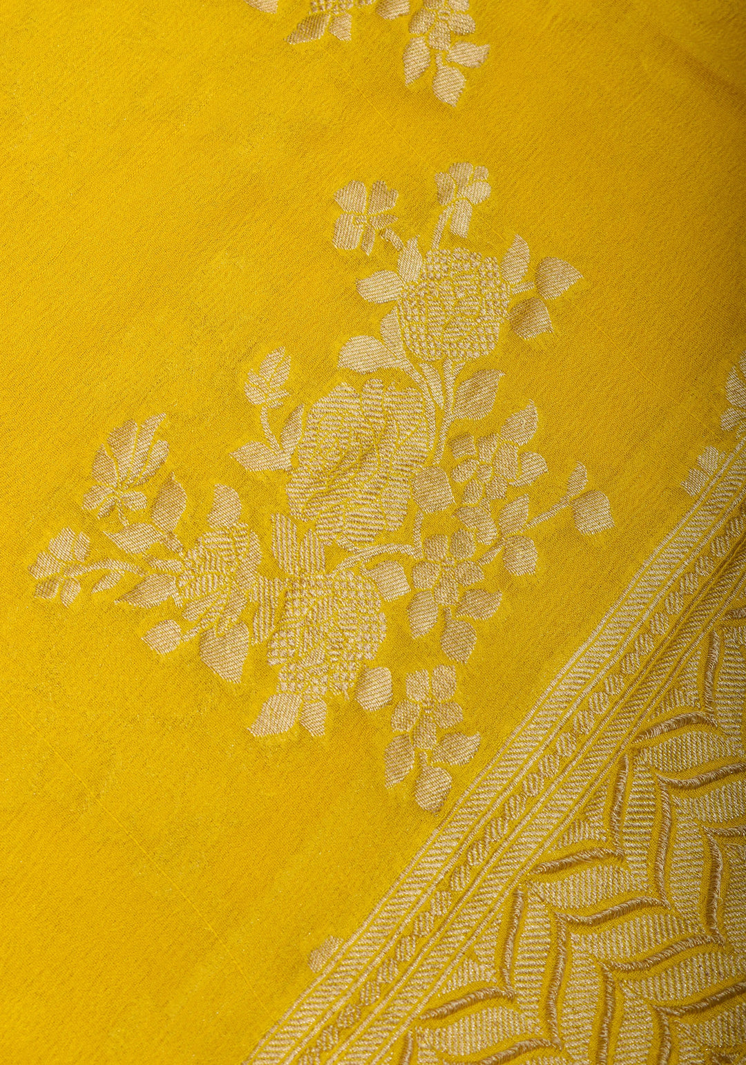 Pure Georgette Silk Banarasi Saree  in Yellow with Rose Jaal Weave in Silver Tone Zari | SILK MARK CERTIFIED