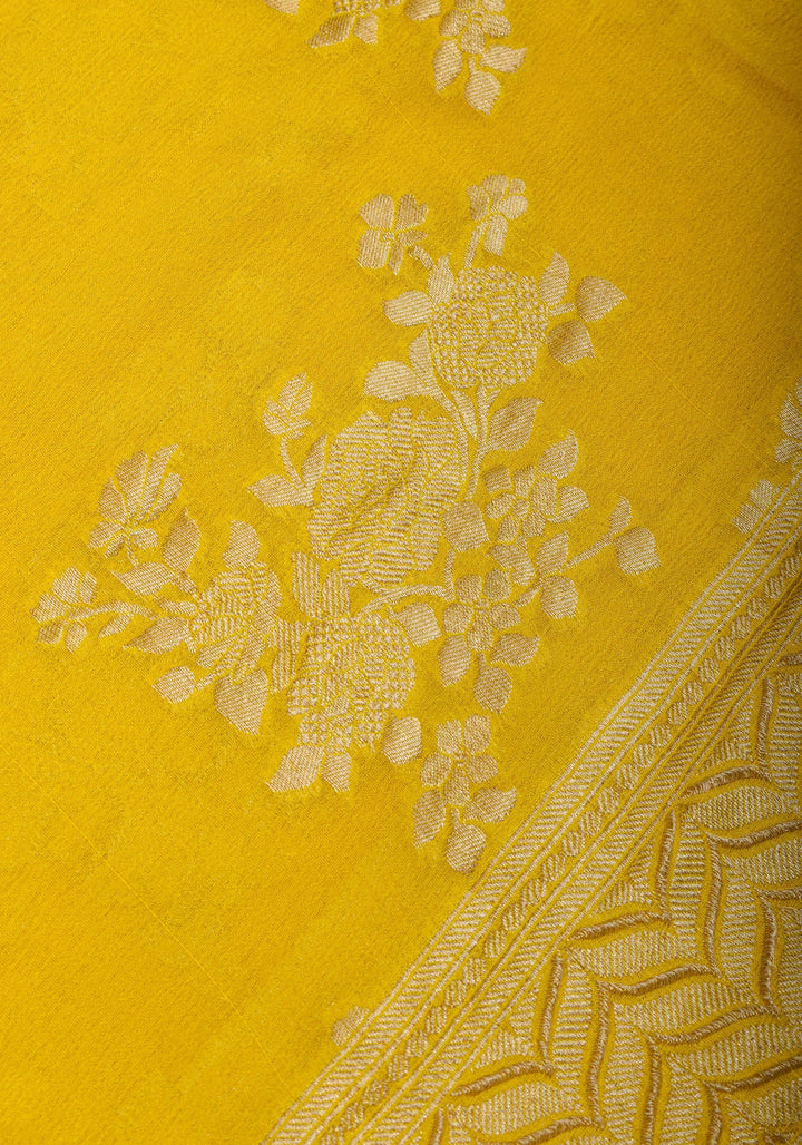 Pure Georgette Silk Banarasi Saree  in Yellow with Rose Jaal Weave in Silver Tone Zari | SILK MARK CERTIFIED
