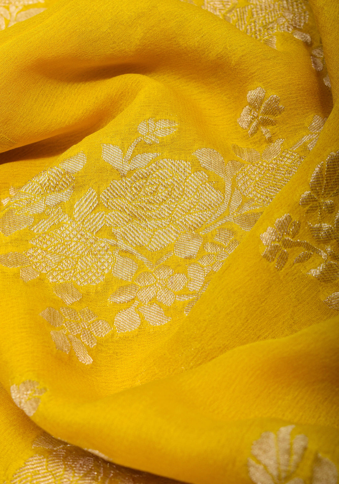 Pure Georgette Silk Banarasi Saree  in Yellow with Rose Jaal Weave in Silver Tone Zari | SILK MARK CERTIFIED