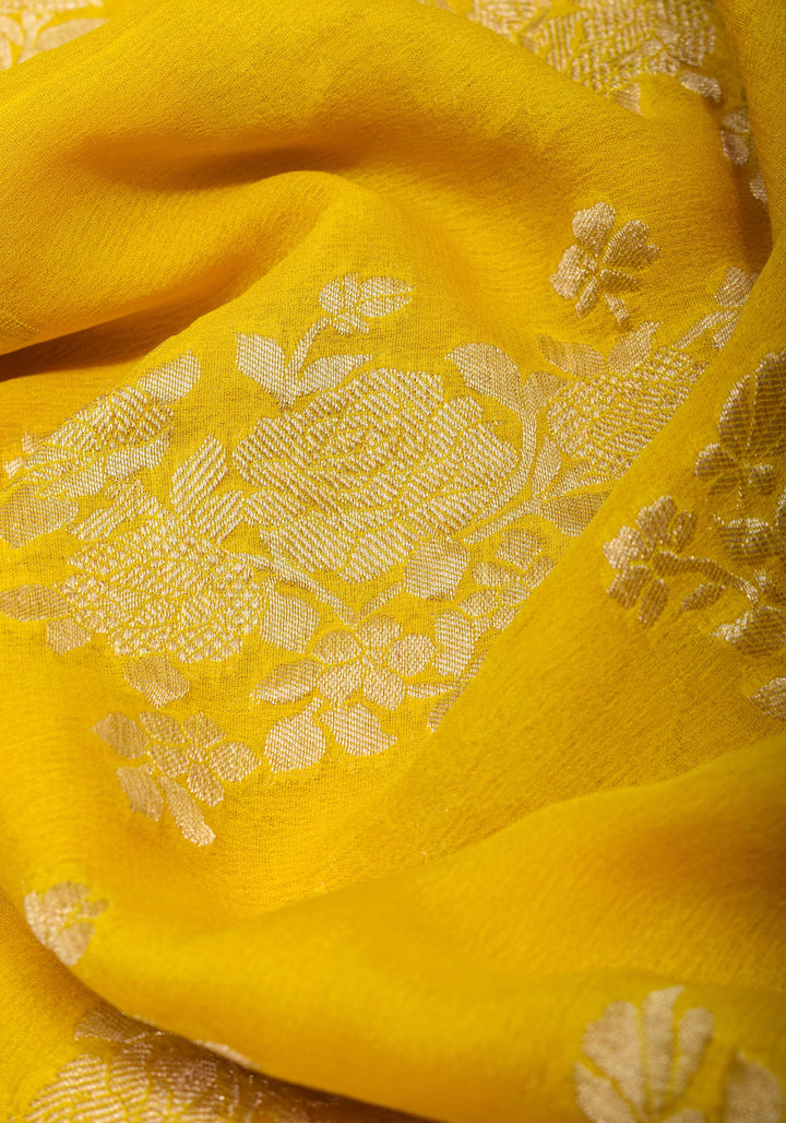 Pure Georgette Silk Banarasi Saree  in Yellow with Rose Jaal Weave in Silver Tone Zari | SILK MARK CERTIFIED