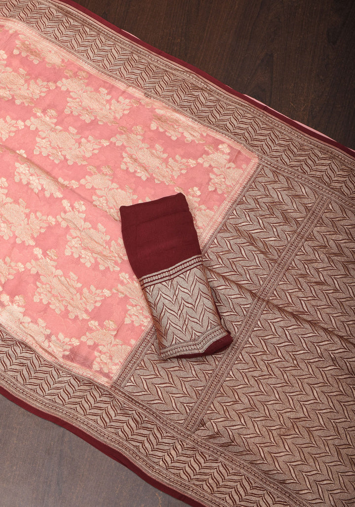 Dusty Rose Pure Georgette  Silk Banarasi Saree  with rose Jaal Weave Zari | SILK MARK CERTIFIED