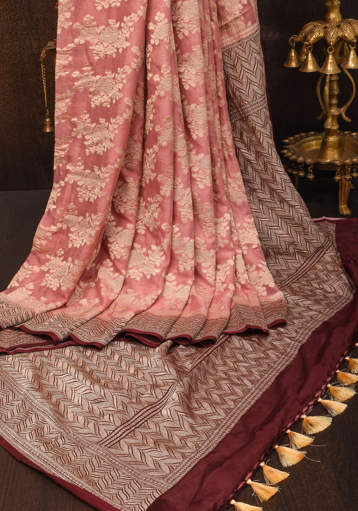Dusty Rose Pure Georgette  Silk Banarasi Saree  with rose Jaal Weave Zari | SILK MARK CERTIFIED