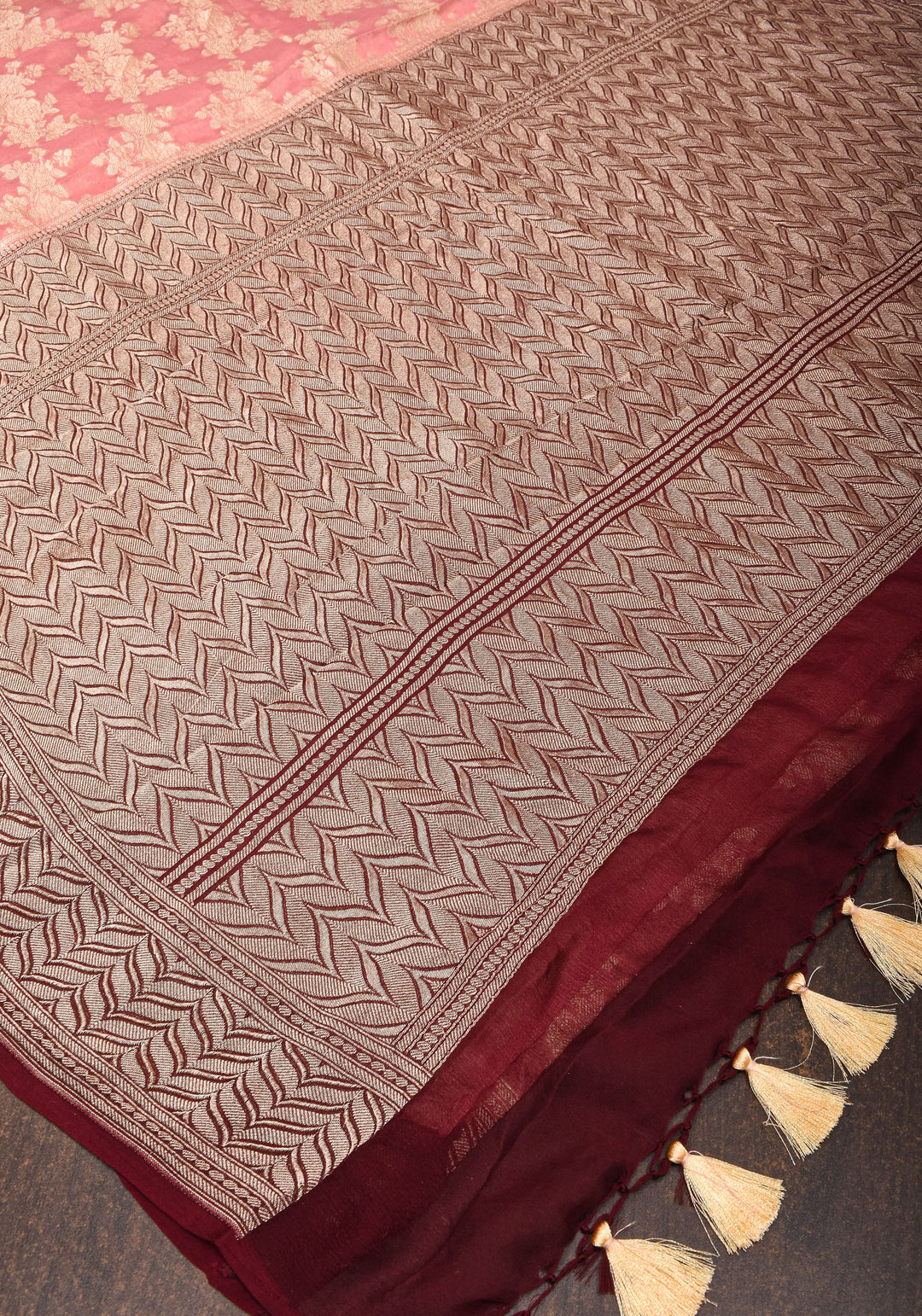 Dusty Rose Pure Georgette  Silk Banarasi Saree  with rose Jaal Weave Zari | SILK MARK CERTIFIED