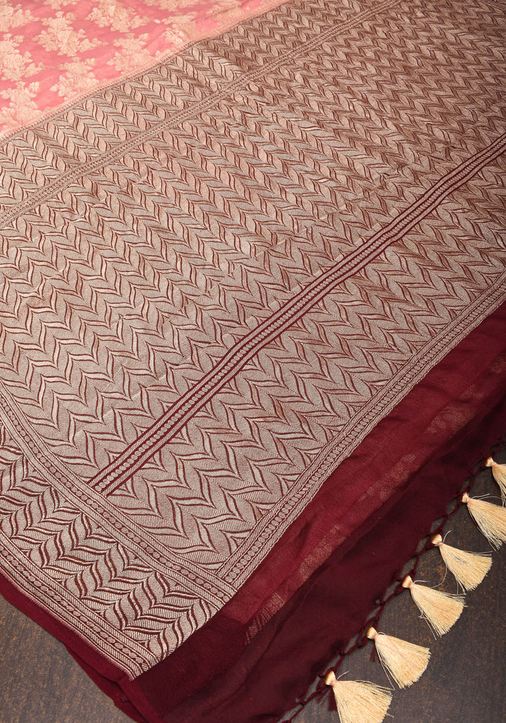 Dusty Rose Pure Georgette  Silk Banarasi Saree  with rose Jaal Weave Zari | SILK MARK CERTIFIED