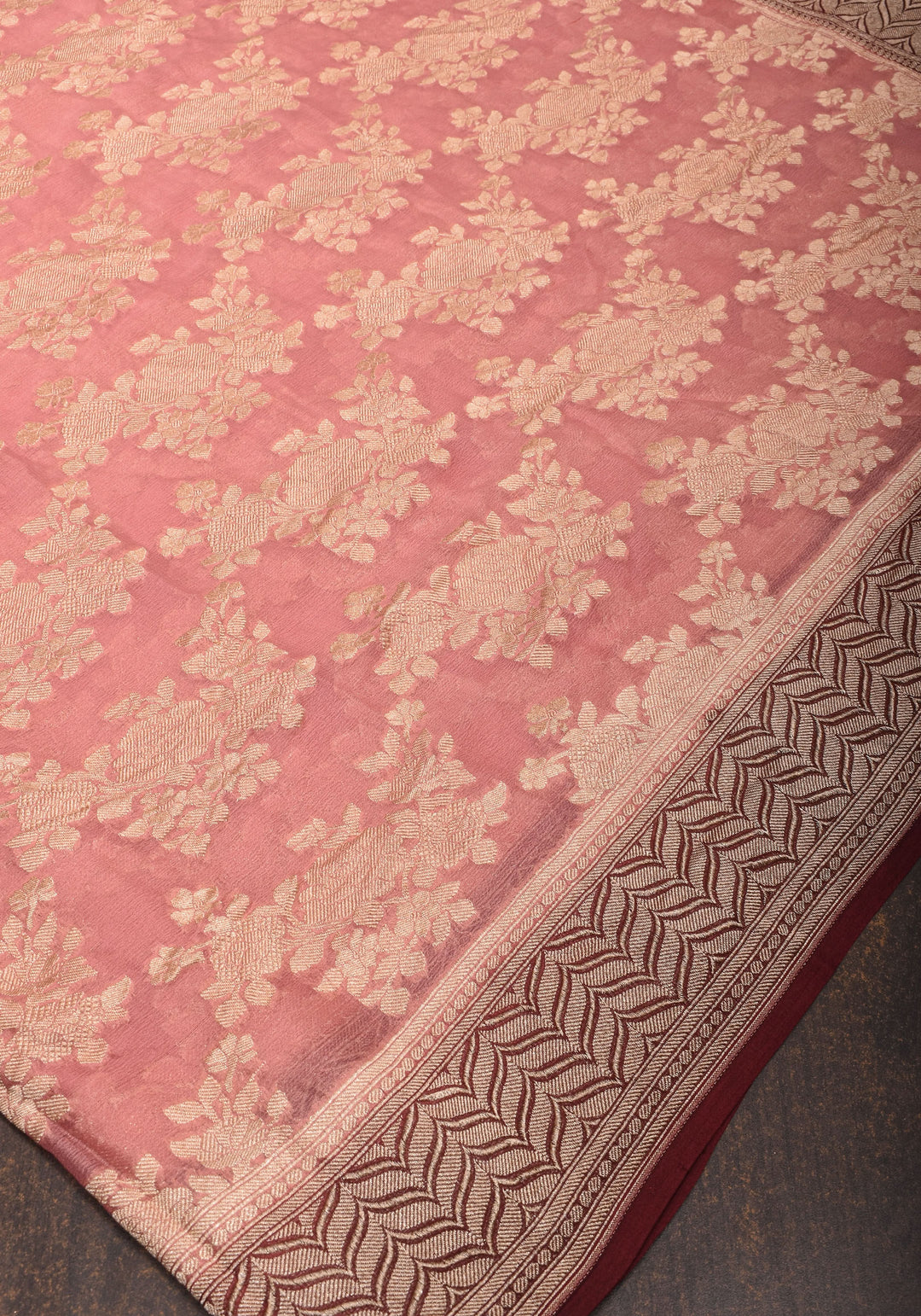 Dusty Rose Pure Georgette  Silk Banarasi Saree  with rose Jaal Weave Zari | SILK MARK CERTIFIED