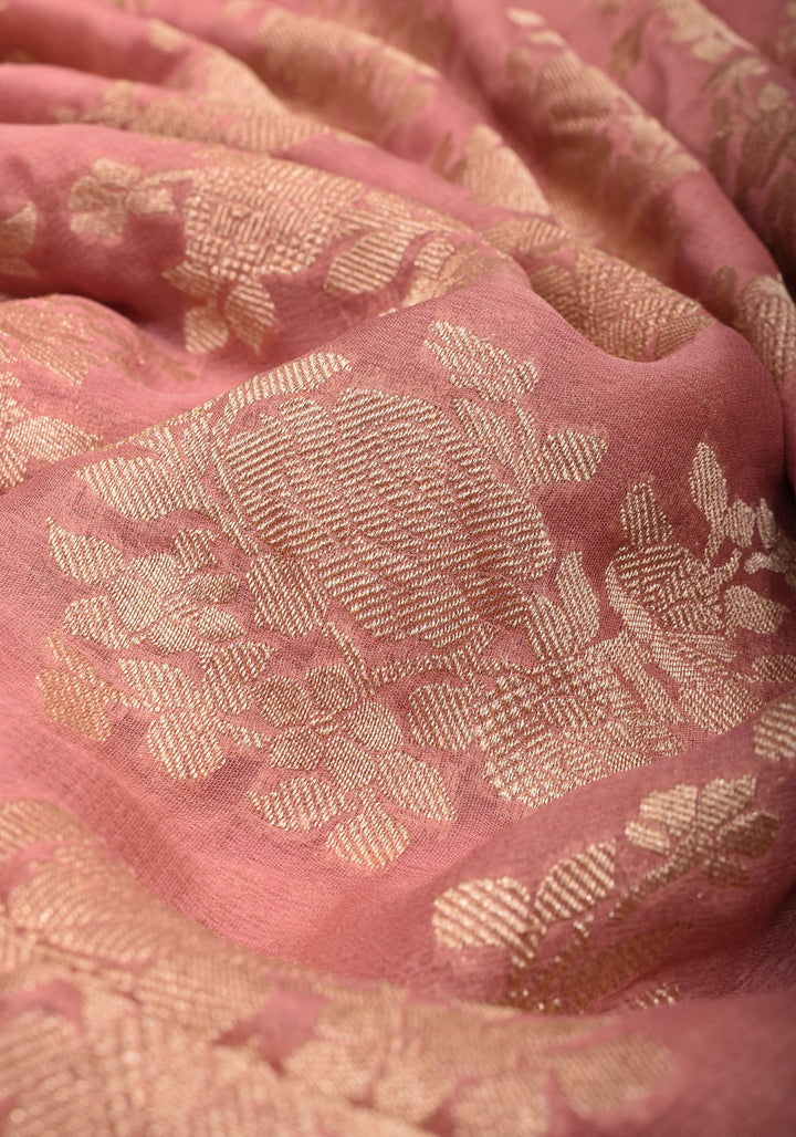 Dusty Rose Pure Georgette  Silk Banarasi Saree  with rose Jaal Weave Zari | SILK MARK CERTIFIED