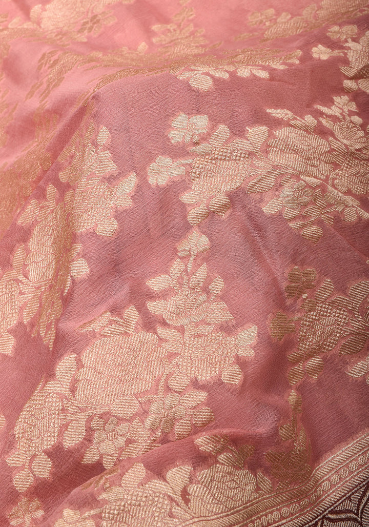 Dusty Rose Pure Georgette  Silk Banarasi Saree  with rose Jaal Weave Zari | SILK MARK CERTIFIED