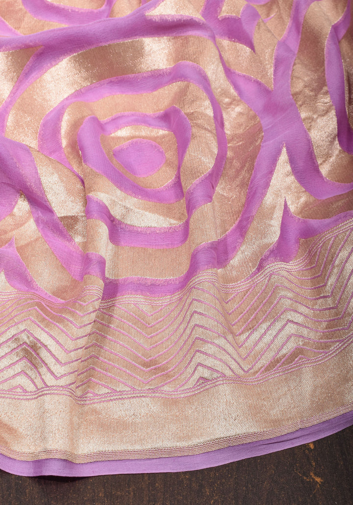 Light Violet Georgette Saree with Contemporary Swirls Jaal Zari | SILK MARK CERTIFIED
