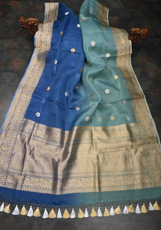 Powder Blue and Peacock Blue Ombre Banarasi Pure Organza Silk Saree with Sona Rupa Chand Tara Buttas and Zari Border| SILK MARK CERTIFIED