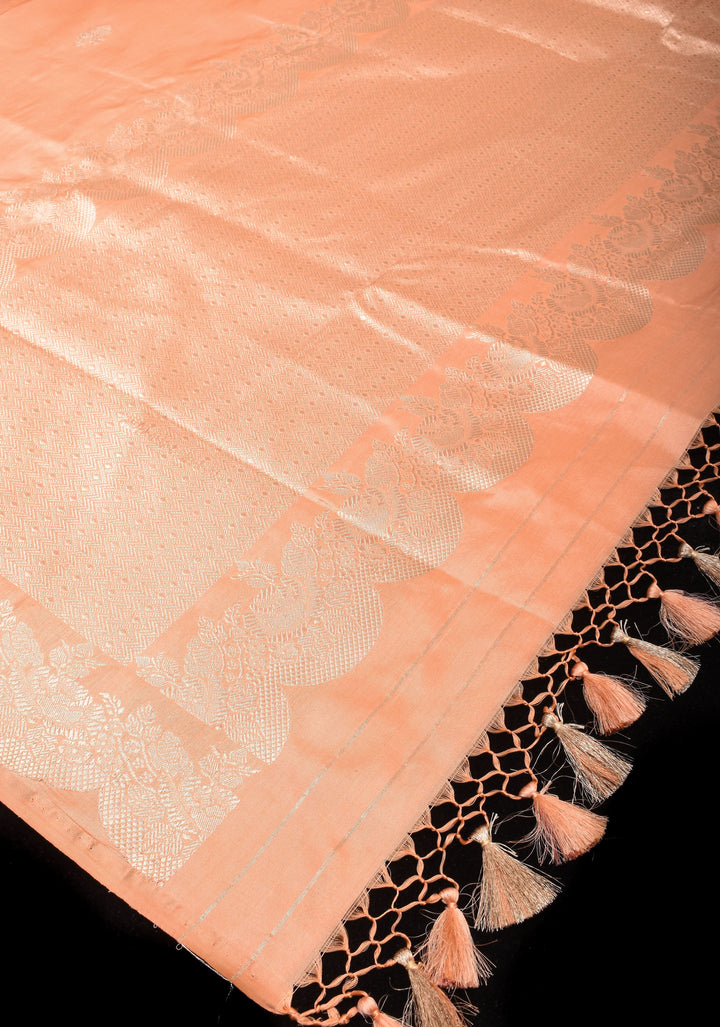 Peach Banarasi Katan Silk Saree with Zari Buttas and Scallop border design | SILK MARK CERTIFIED