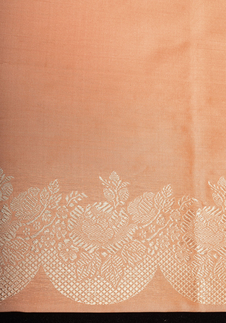 Peach Banarasi Katan Silk Saree with Zari Buttas and Scallop border design | SILK MARK CERTIFIED