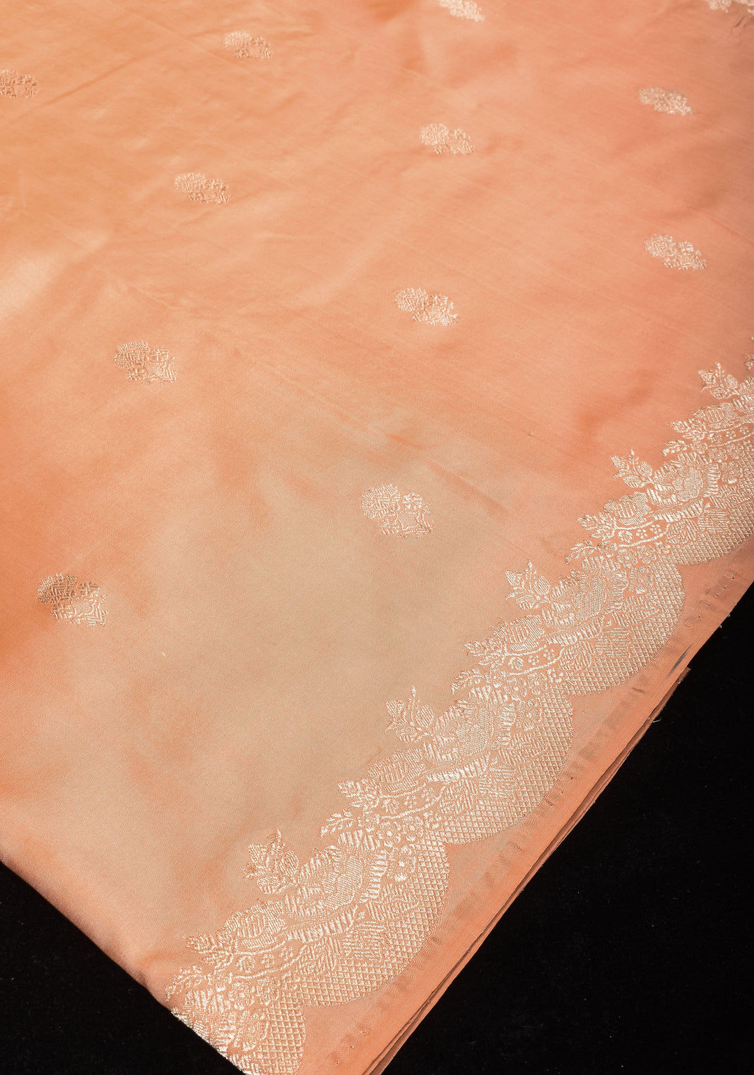 Peach Banarasi Katan Silk Saree with Zari Buttas and Scallop border design | SILK MARK CERTIFIED